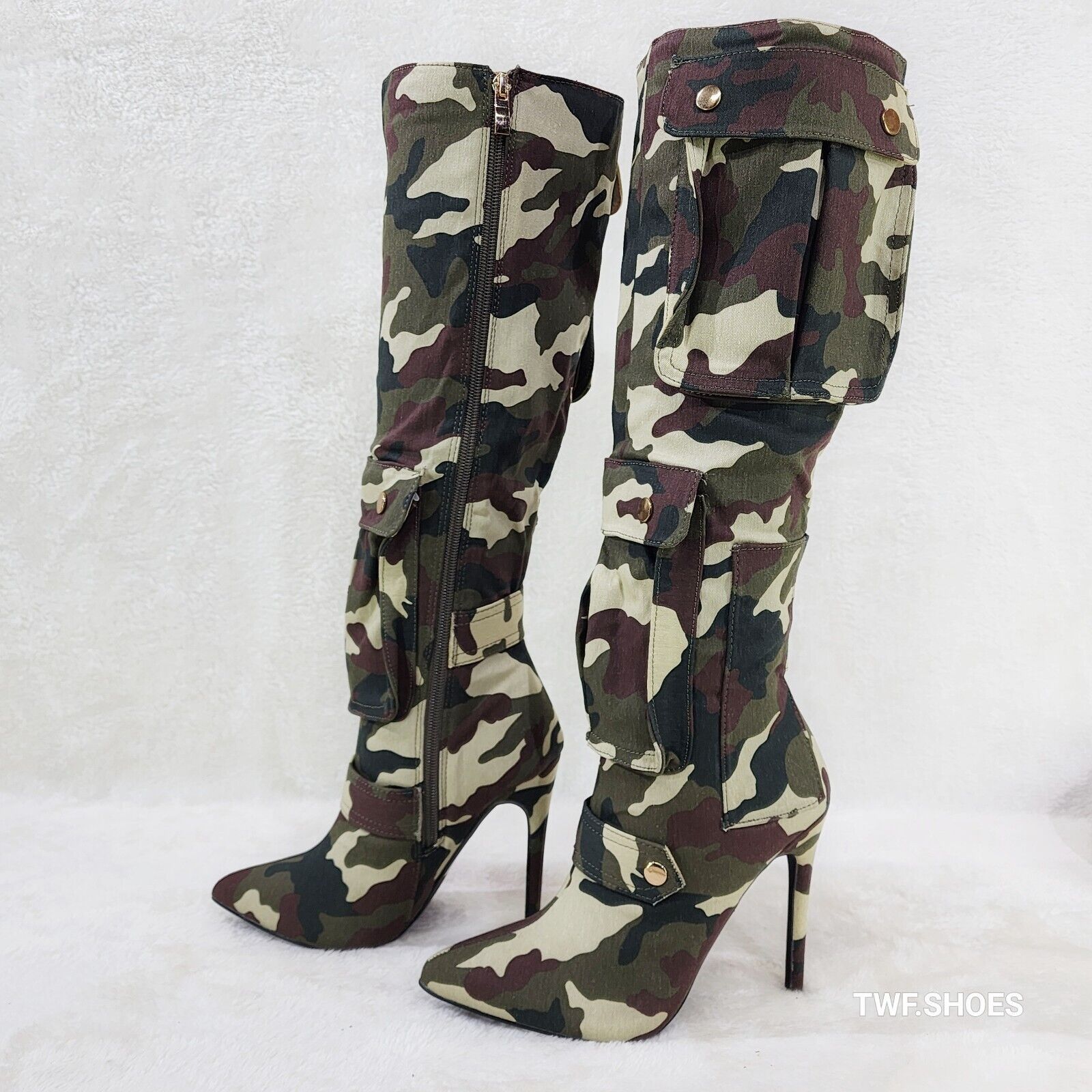 Army Girlz Canvas Camouflage Camo Cargo Knee High Stiletto Heel Boots - Totally Wicked Footwear
