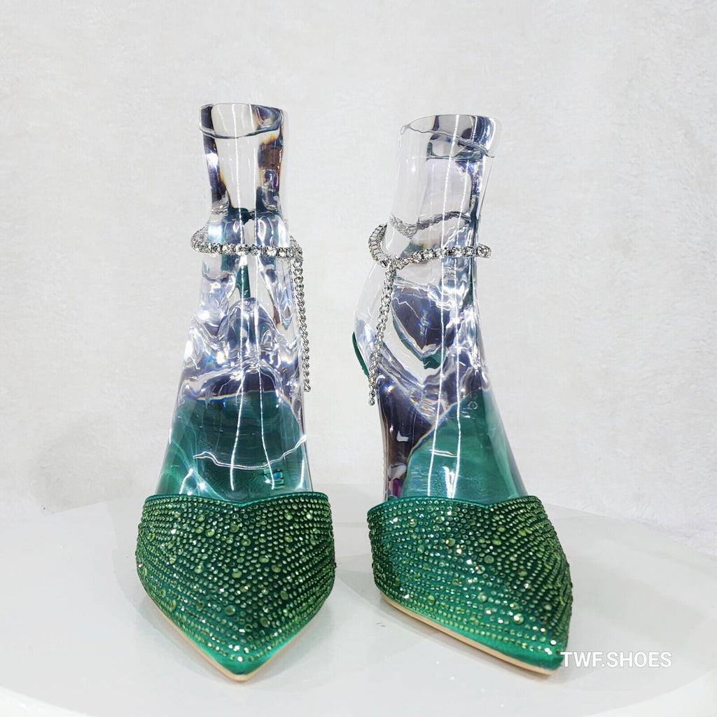 Simply Sexy Slip on Ankle Bracelet Green Rhinestone Pointy Toe High Heels Shoes