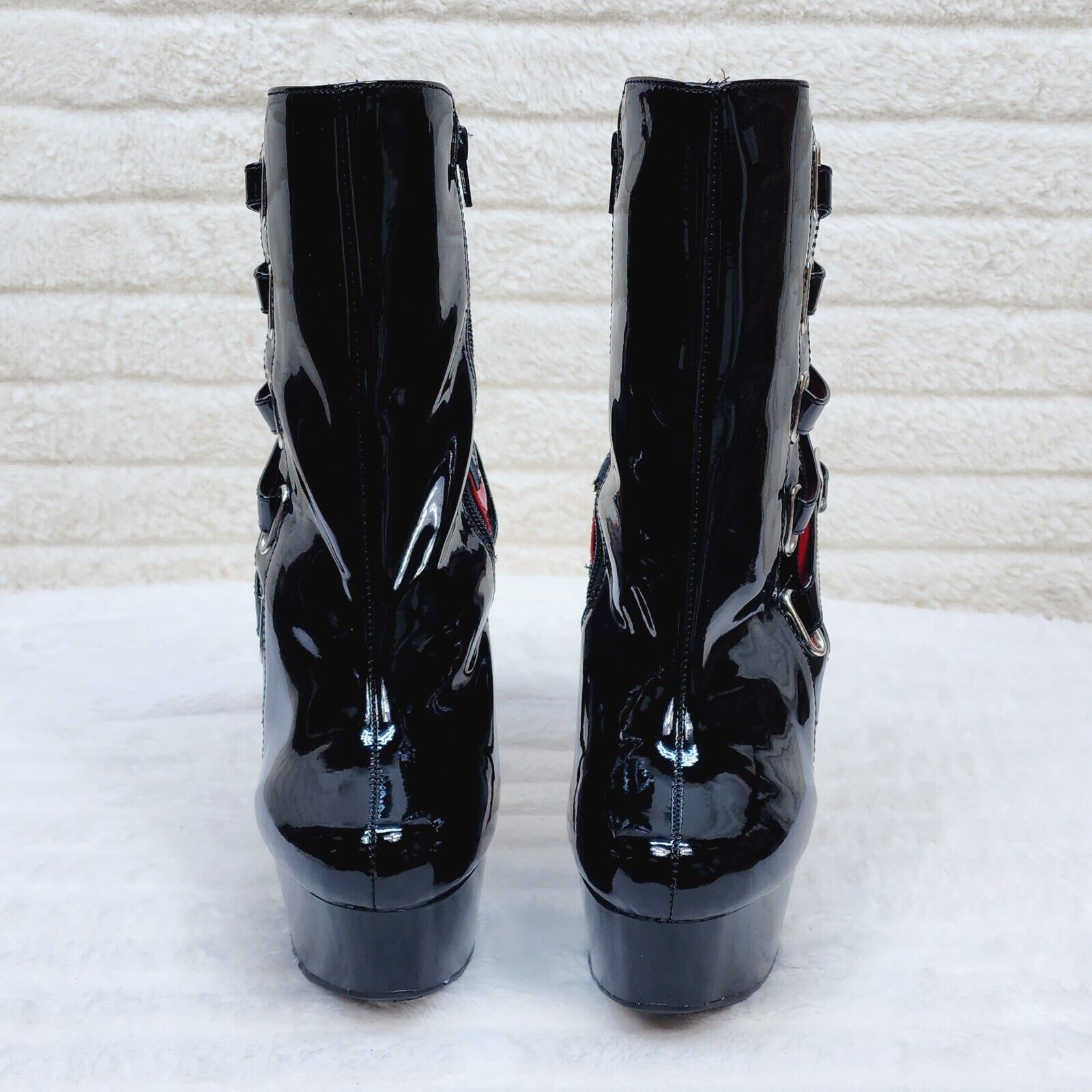 Delight 1012 Black / Red Buckle Strap 6" High Heels Platform Ankle Boots NY - Totally Wicked Footwear