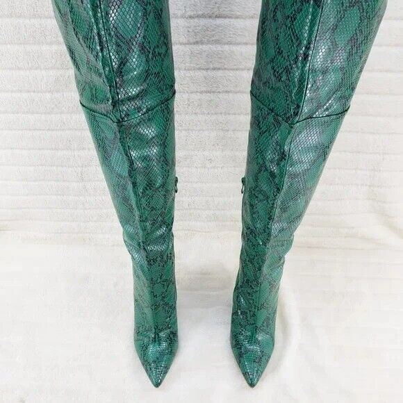 Brand New Bad Girlz Green Snake Wide Top Thigh High Heel Boots