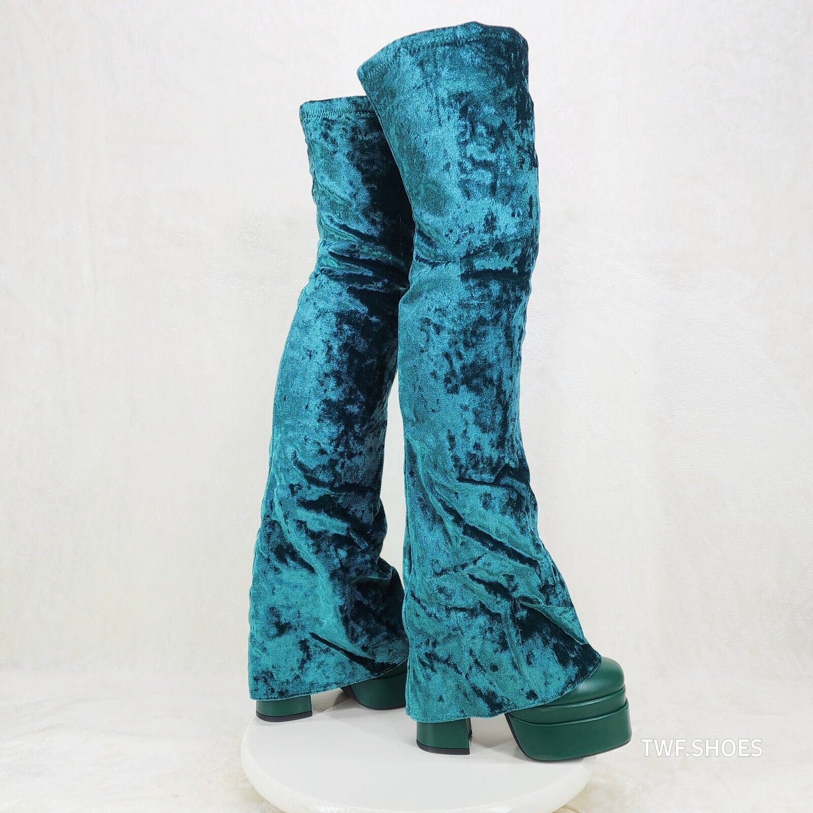 Unique Thigh High Green Velvet Fold over Skirted Chunky Heel Platform Boots - Totally Wicked Footwear