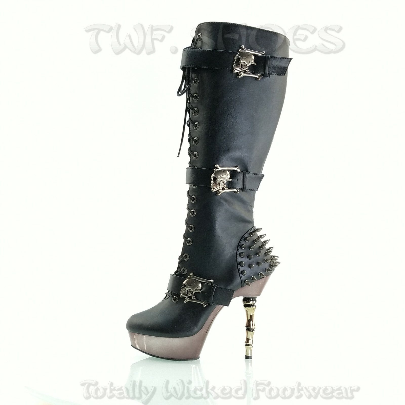 DEMONIA Muerto Chrome Bone High Heel Spiked Skull Buckle Lace Up Knee Boots