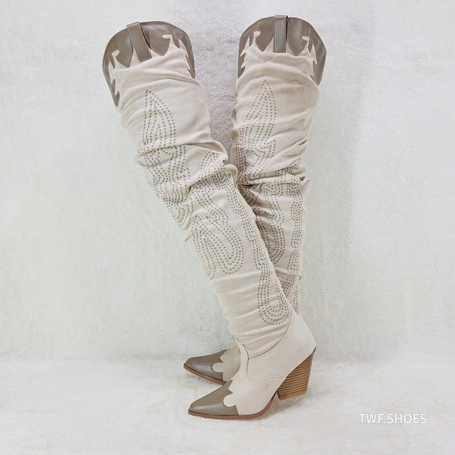Iconic Country Western Thigh high Cowgirl Boots Cream Taupe Trim - Totally Wicked Footwear