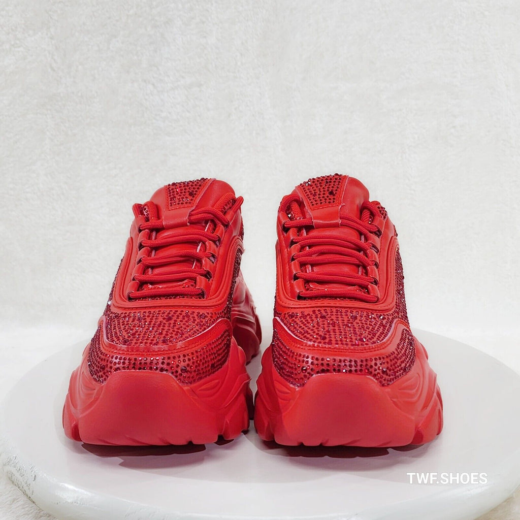 Cush Sport Rhinestone Comfy Platform Light Weight Sneakers Red - Totally Wicked Footwear