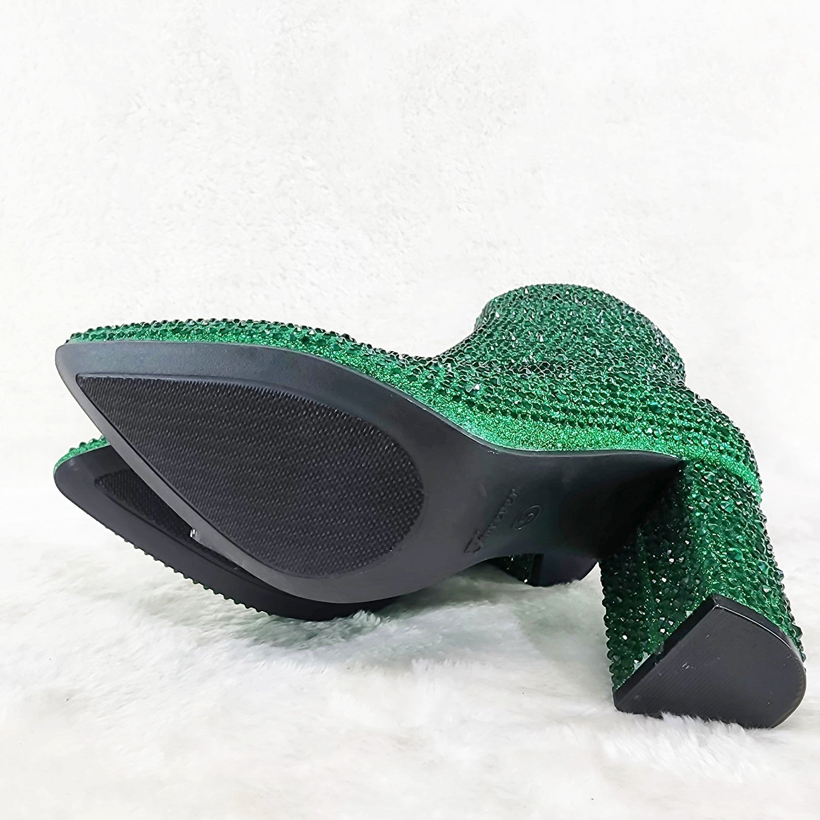 Crystel Emerald Green Rhinestone Block Heel Ankle Boots