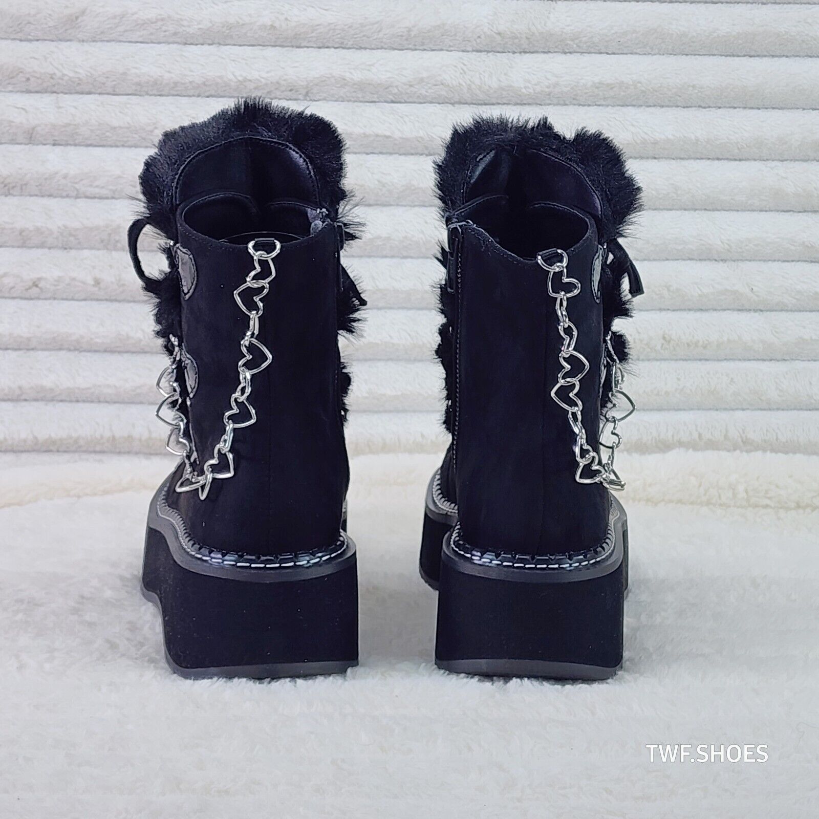 Emily Black Furry Heart Chain Goth 2" Platform Ankle Boots 55 Faux Fur - Totally Wicked Footwear