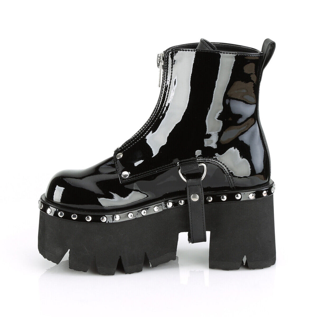 Ashes 100 Black Patent 3.5" Platform Heel Combat Goth Punk Boot DEMONIA - Totally Wicked Footwear