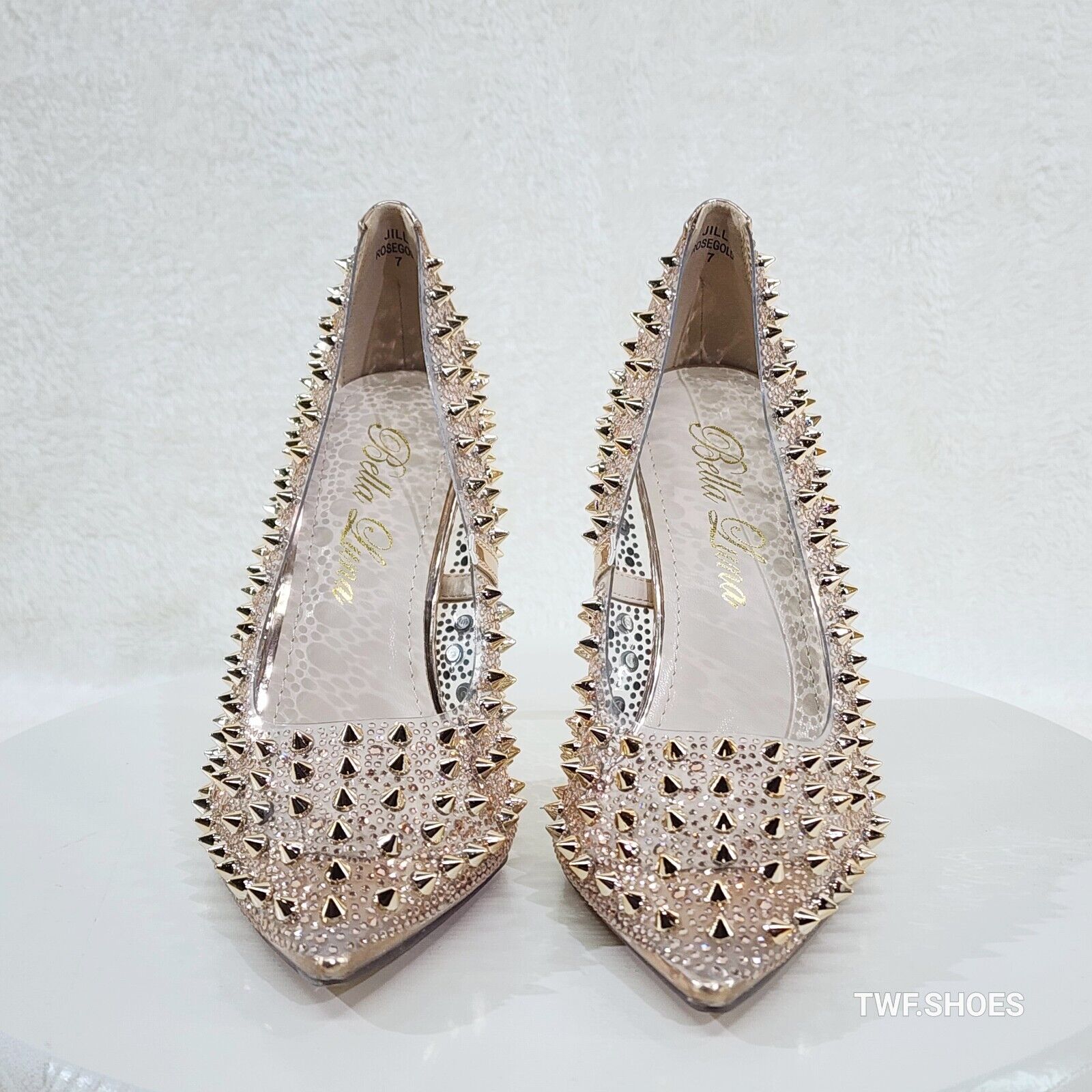 Spicy Stiletto PVC Clear Pumps Rose Gold Studs & Rhinestone Pumps Stiletto Heels - Totally Wicked Footwear