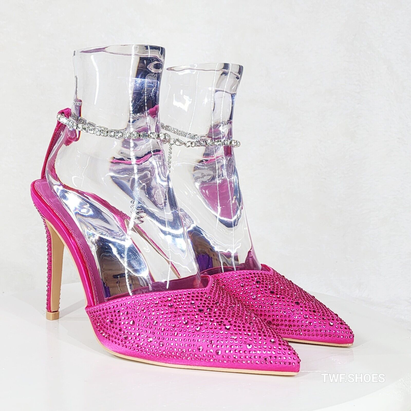 Simply Sexy Ankle Bracelet Hot Pink Rhinestone Pointy Toe High Heels Shoes - Totally Wicked Footwear