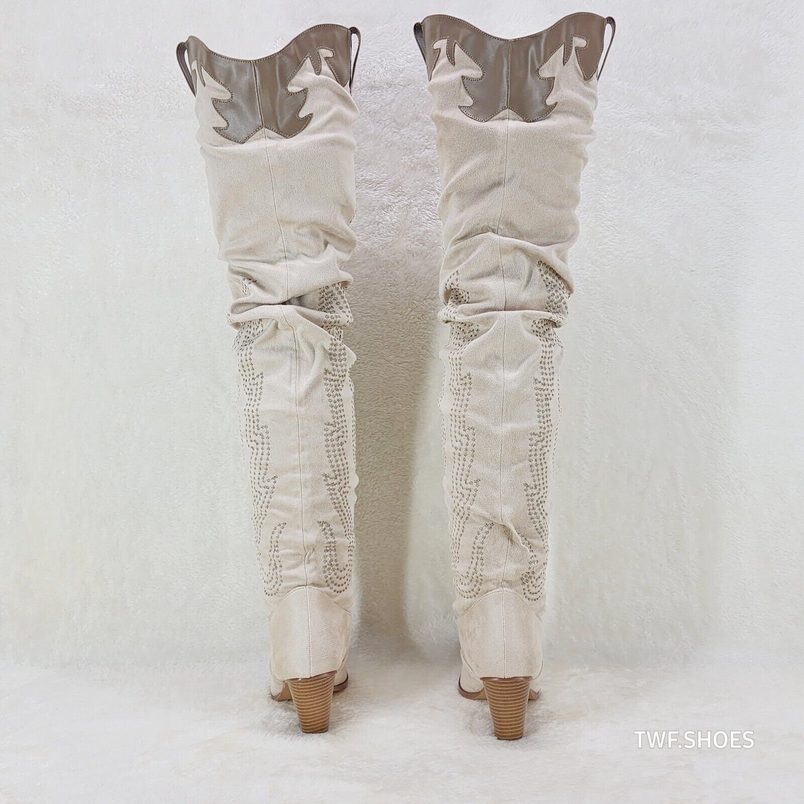Iconic Country Western Thigh high Cowgirl Boots Cream Taupe Trim - Totally Wicked Footwear