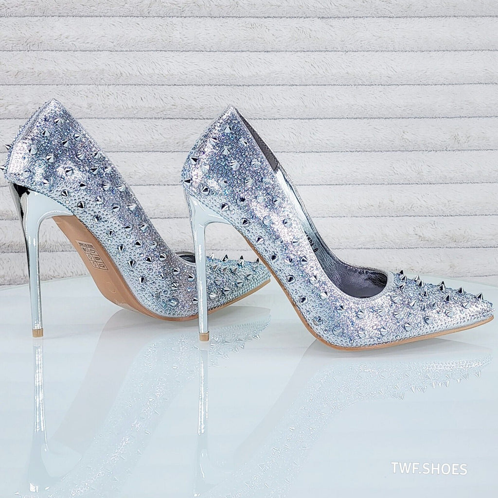 Wicked Sexy Spike Stud Iridescent Rhinestone High Heel Pump Shoes Silver - Totally Wicked Footwear