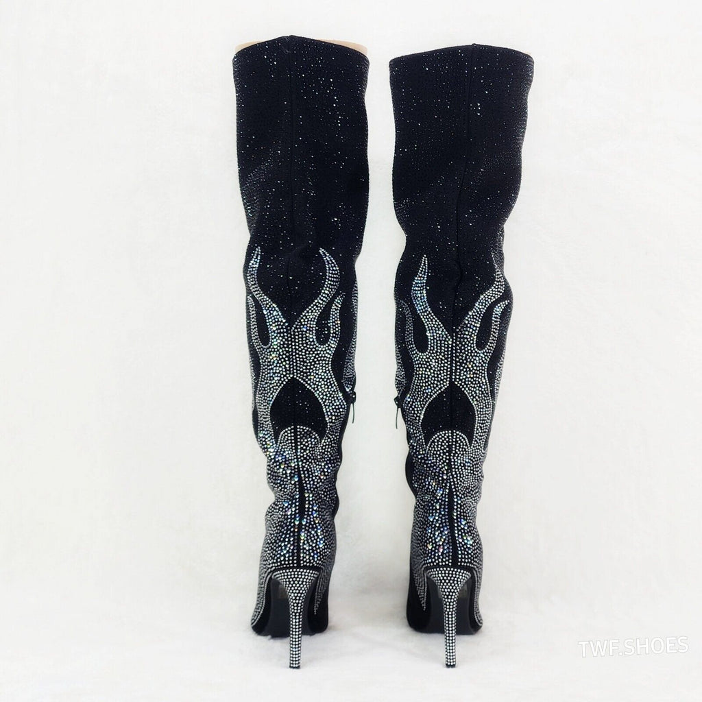 Fiery Desire Black & Silver Rhinestone Flame Detail Sexy OTK Thigh Boots - Totally Wicked Footwear