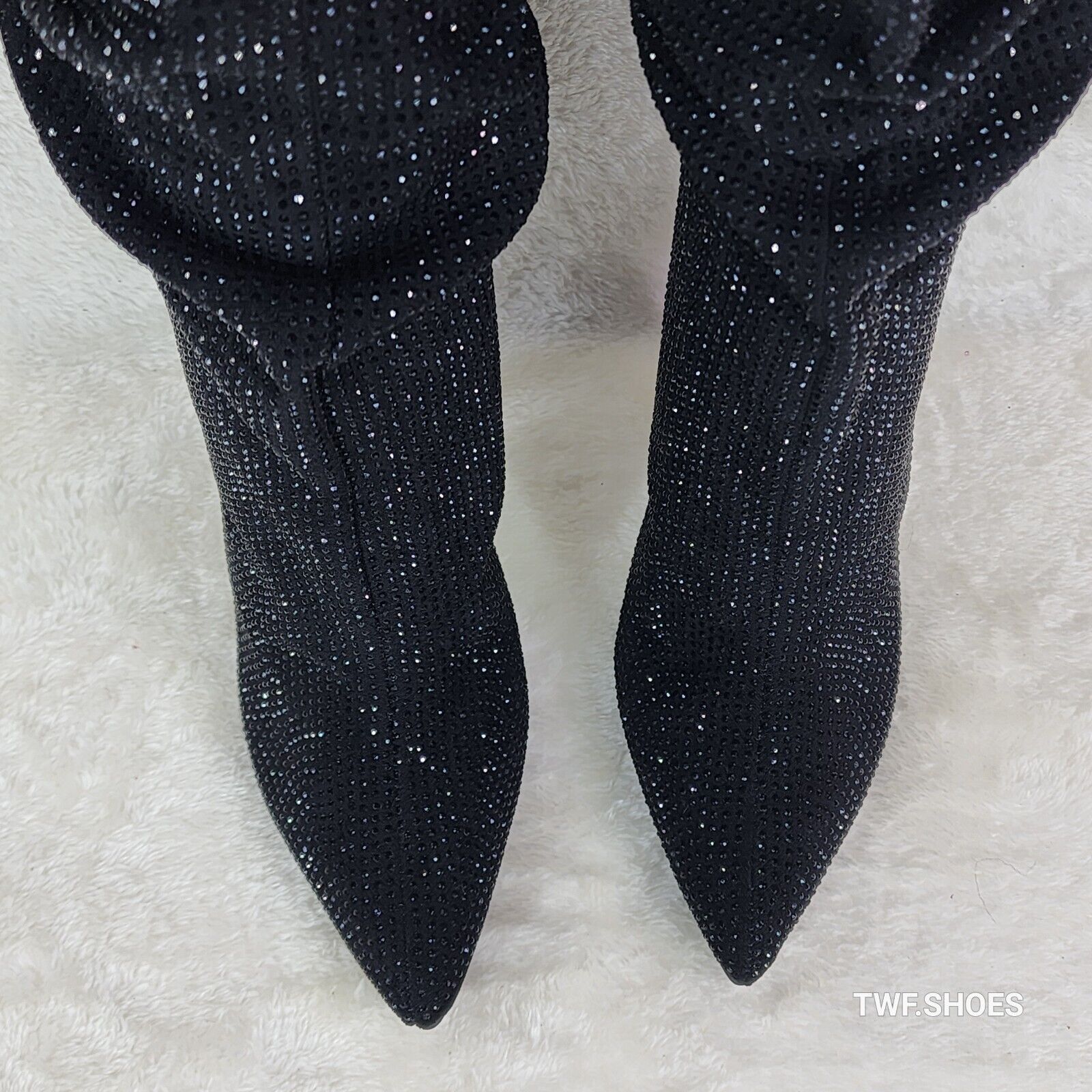 Resolve Sparkling Black Rhinestone High Heel Slouch Calf Boots New Years Bling - Totally Wicked Footwear