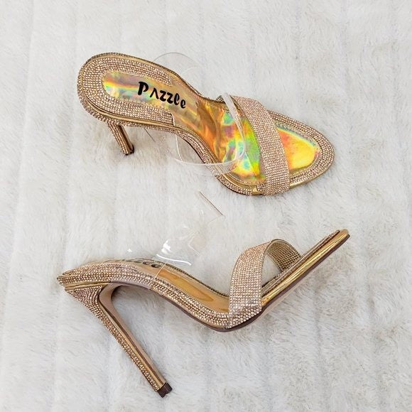 Lee Gold Rhinestone Slip On Double Strap High Heel Clog Mule Shoes