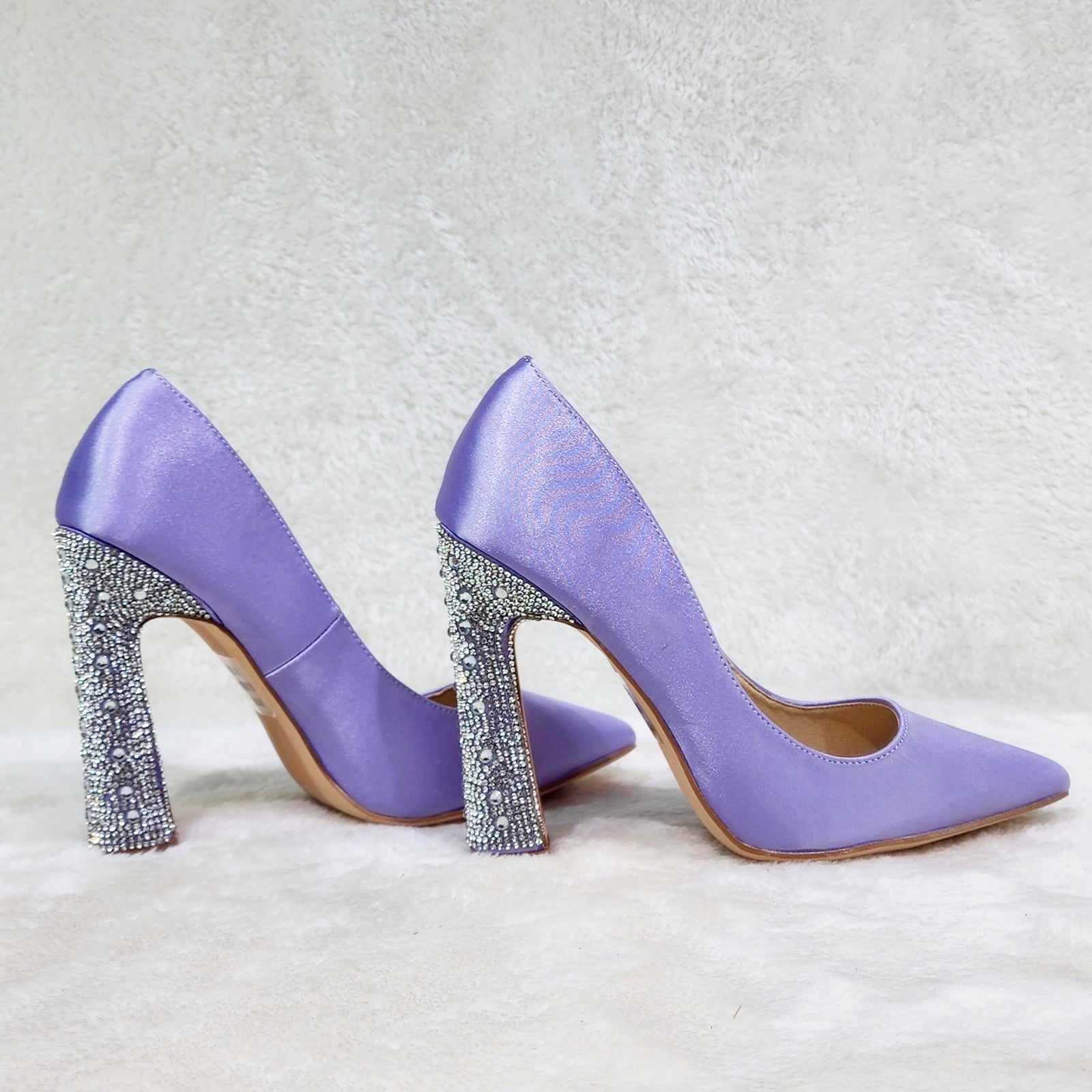 Klume Lilac Purple Satin Pumps Chunky Rhinestone High Heel Evening Party Shoes