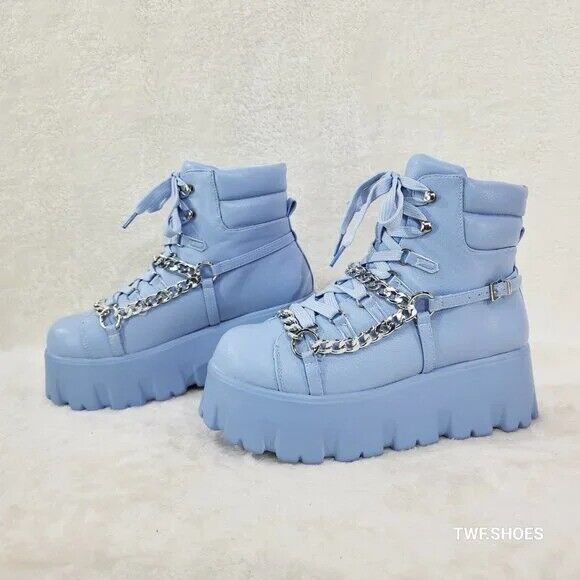 Emo Stomp 2" Platform Stomper Ankle Boots With Chain Design Baby Blue - Totally Wicked Footwear