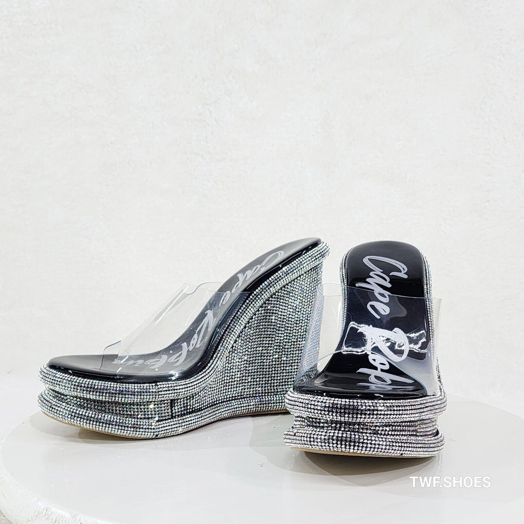 Zesty Black Silver Rhinestone Platform Wedge Heel Slip On Sandals