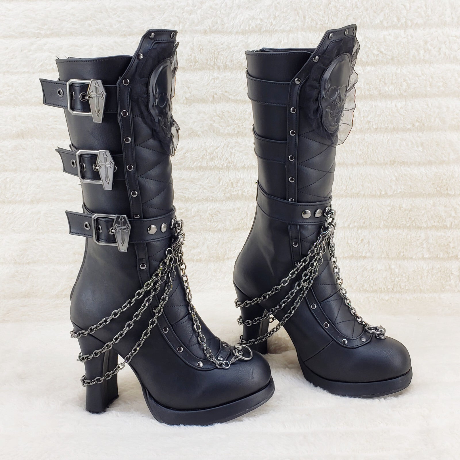 Crypto 67 Coffin Skull & Chain Black Mid Calf Platform Heel Gothic Boots NY