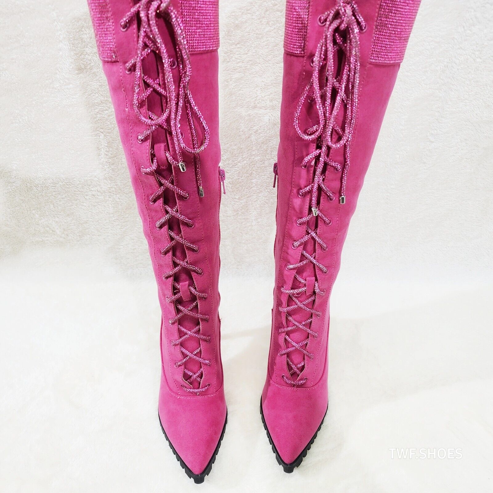 Queens FX Suede & Rhinestone Pointy Toe High Heels Stiletto Lace Up Knee Boots - Totally Wicked Footwear