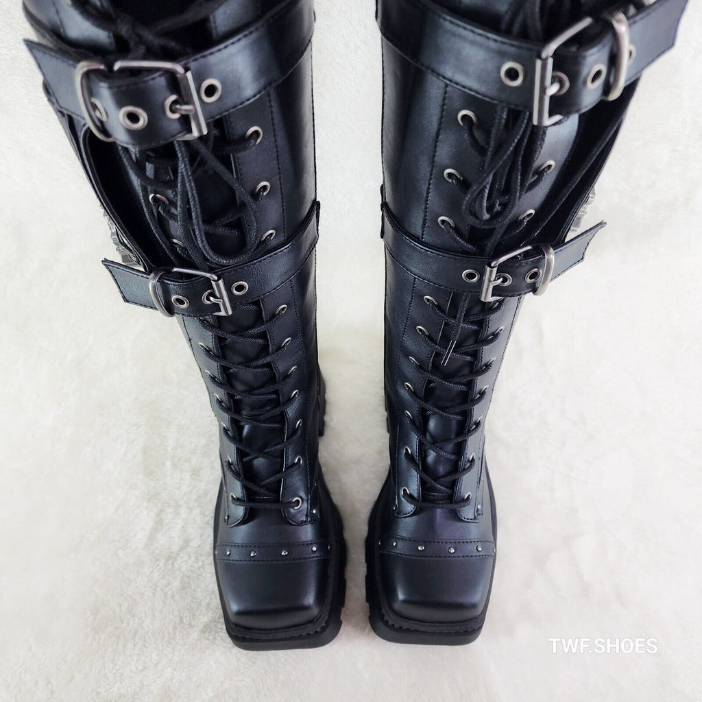 Wicked Wrath Square Toe Goth Lace Up Knee High Boots Skull Hand In House DEMONIA