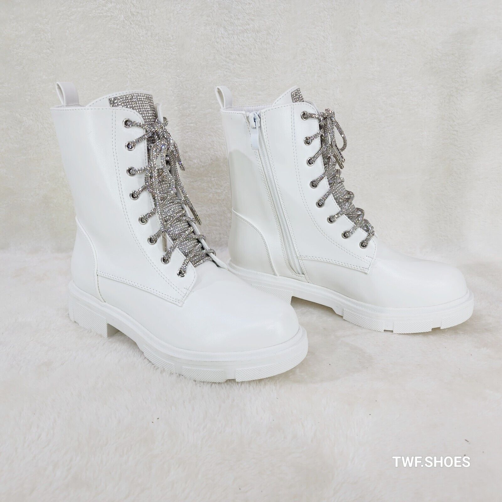 Rylee White Combat Ankle Boots Iridescent Rhinestone Tongue & Rope Laces - Totally Wicked Footwear