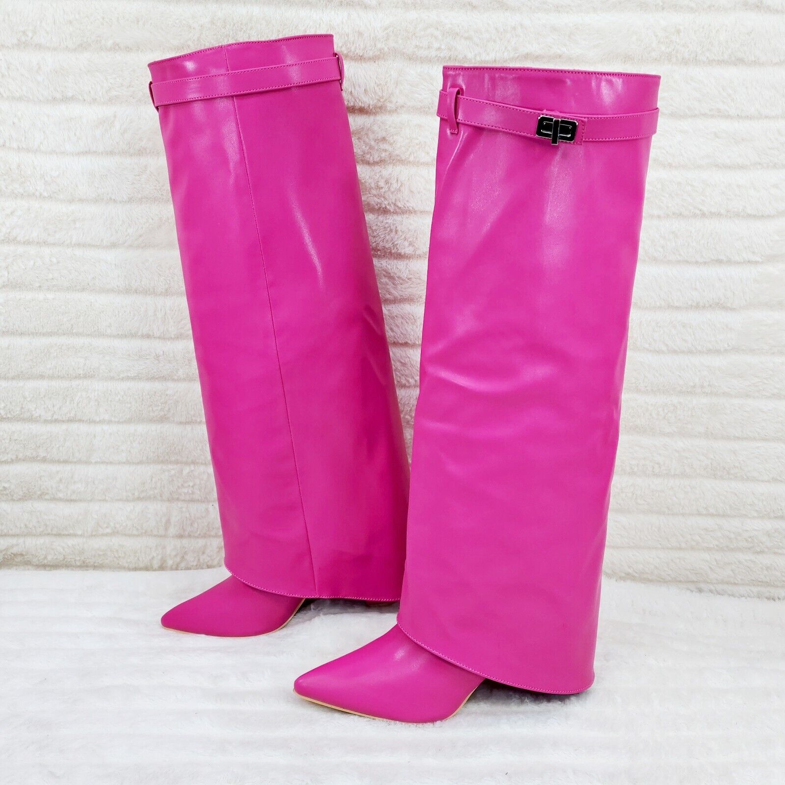 Paris Fuchsia Pink Skirted Fold Over 3.5" Block Heel Knee High Boots - Totally Wicked Footwear