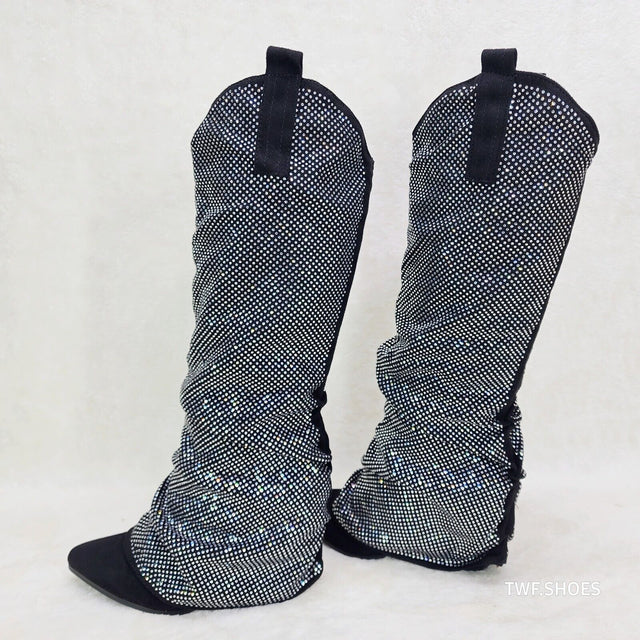 Country Twist Black Draped Rhinestone Skirted Fold Over Western Cowgirl Boots - Totally Wicked Footwear