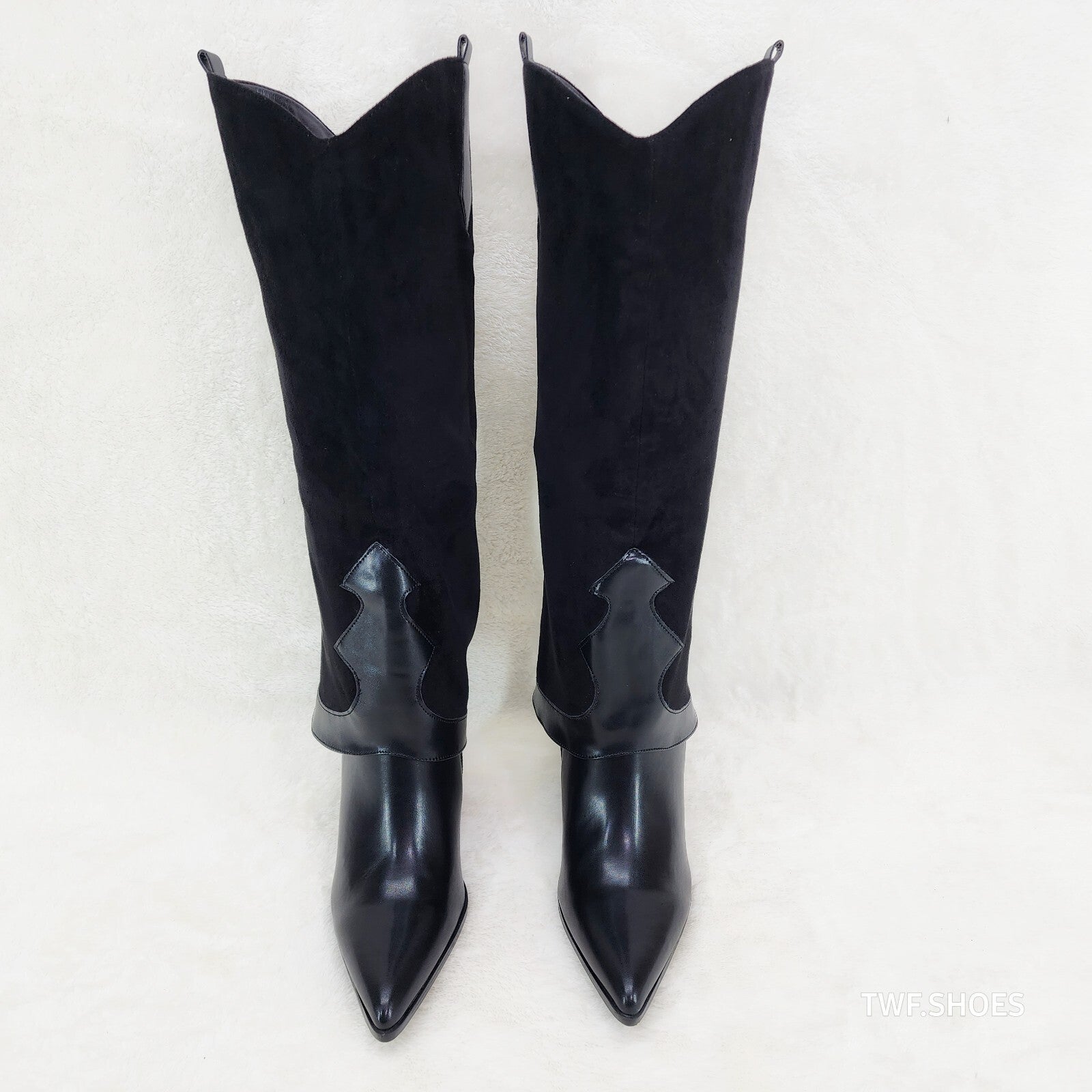 Branded Black Skirted Fold Over Western Knee High Cowgirl Boots