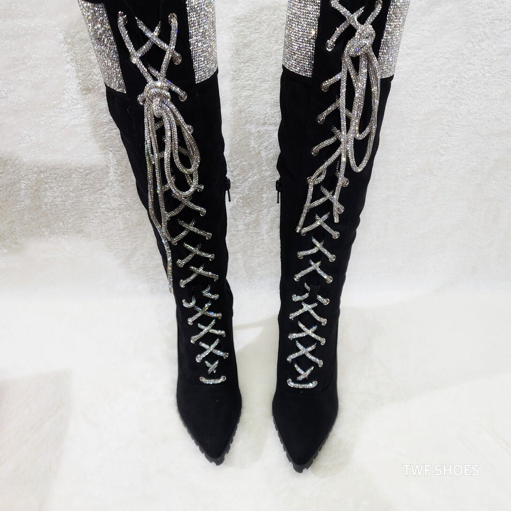 Queens FX Suede & Rhinestone Pointy Toe High Heels Stiletto Lace Up Knee Boots - Totally Wicked Footwear