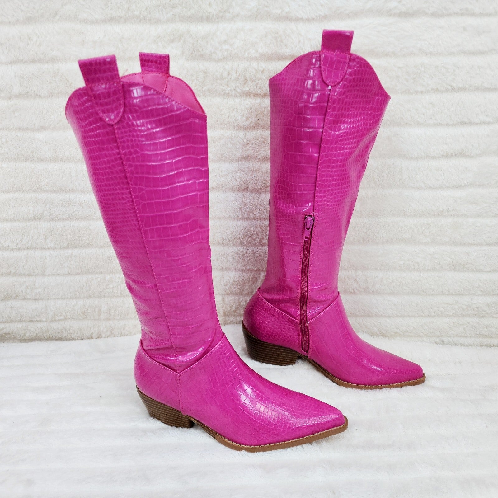 Sassy Fuchsia Hot Pink Snake Texture Western Knee High 2" Heel Cowgirl Boots