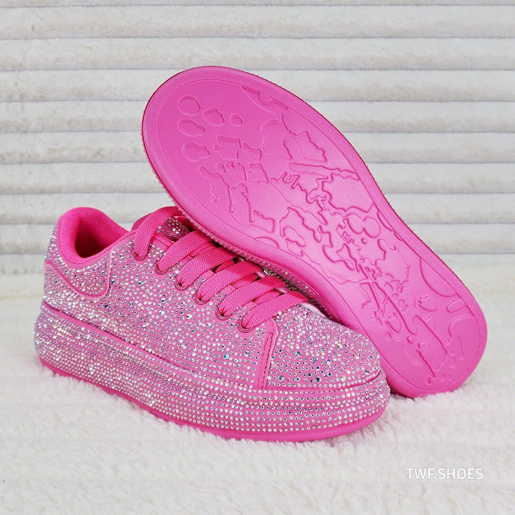 Dazzle Cush Bright Hot Pink Neon Rhinestone Comfy Platform Sneakers Tennis Shoes - Totally Wicked Footwear