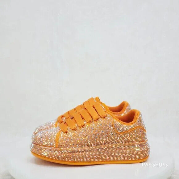 Dazzle Cush Orange Rhinestone Comfy Platform Sneakers Tennis Shoes - Totally Wicked Footwear