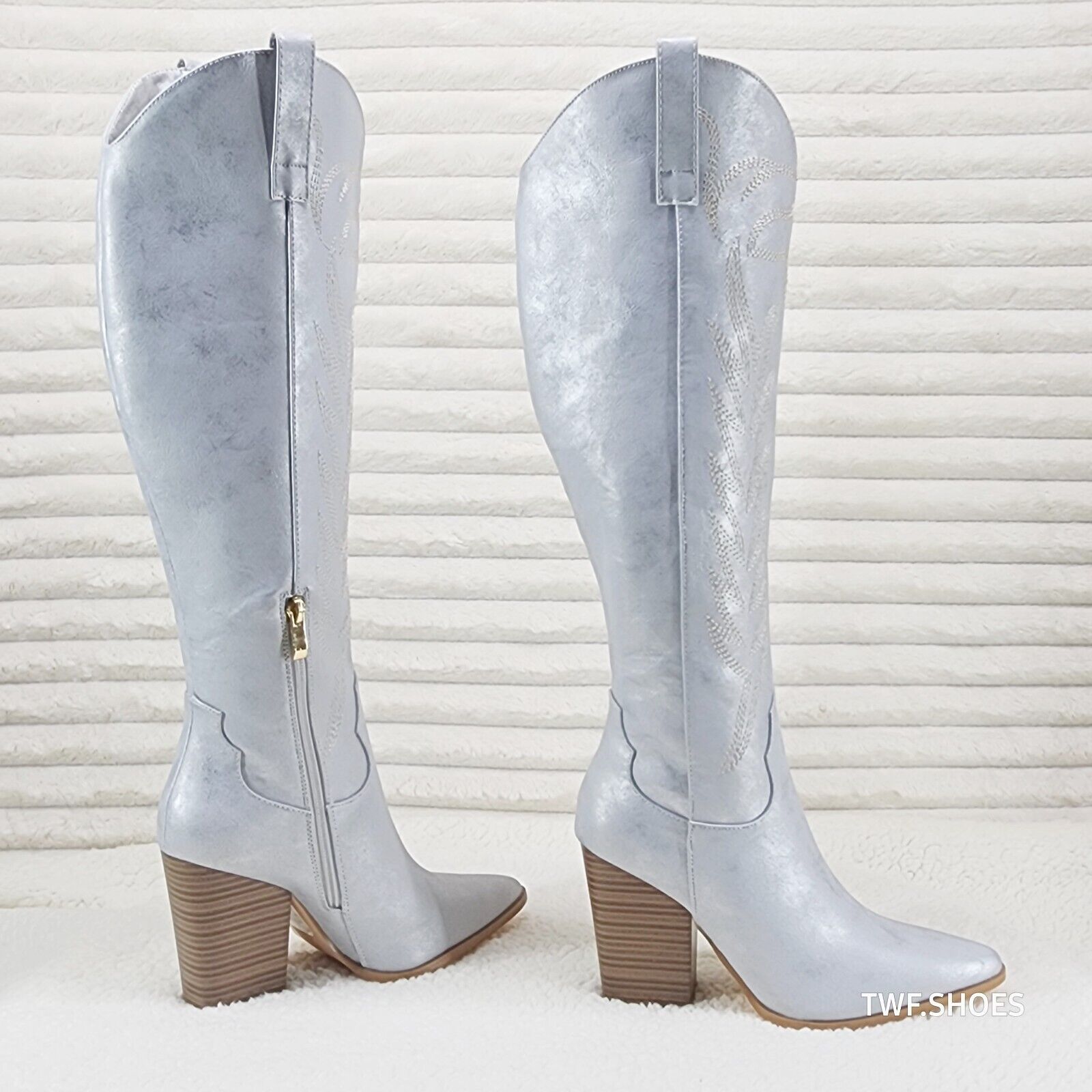 So Me Cruising Brushed Metallic Western Cowgirl Knee Boots Silver - Totally Wicked Footwear