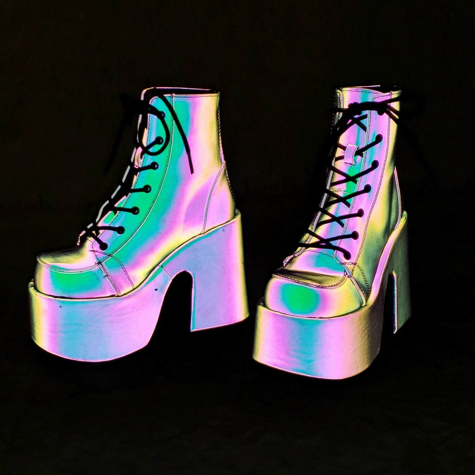 DEMONIA Camel 203 Purple Green Reflective Platform Goth Punk Ankle Boots NY