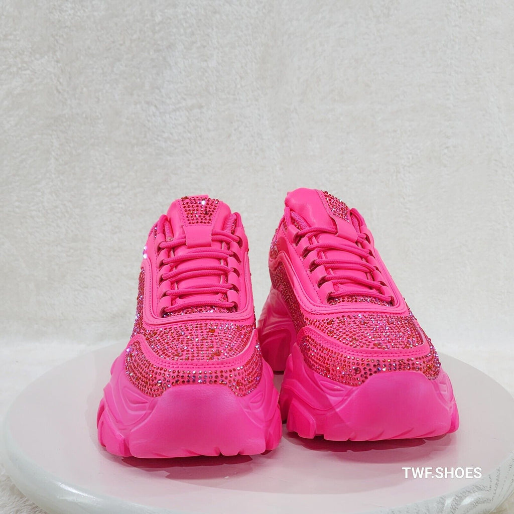 Cush Sport Rhinestone Comfy Platform Light Weight Sneakers Hot Pink - Totally Wicked Footwear