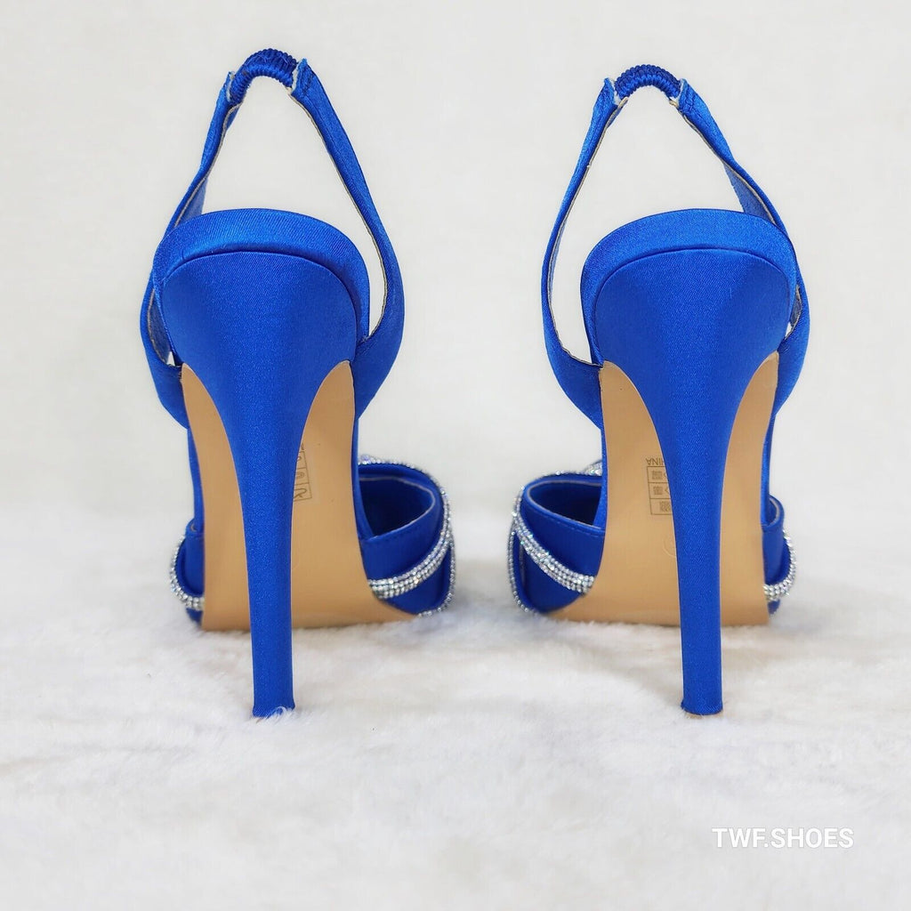 Elegance Slip on Slingback Blue Satin Rhinestone Pointy Toe High Heels Shoes