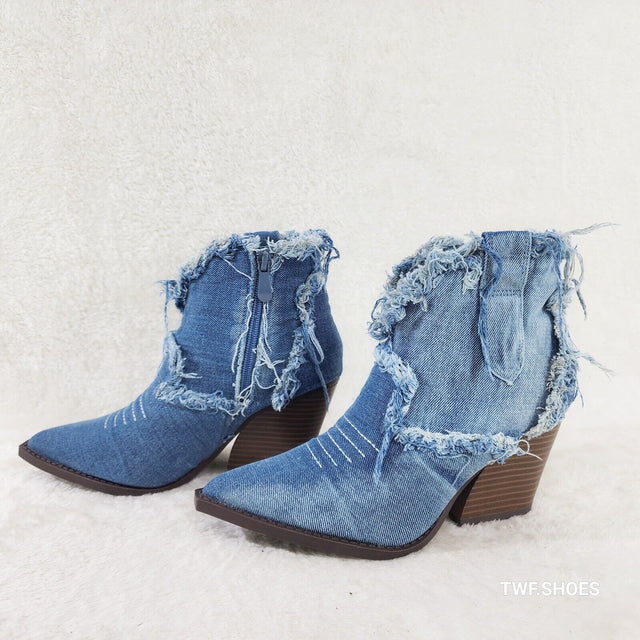 Distressed Cowboy Deinm Frayed Western Cowgirl Boots Honky Tonk Booties