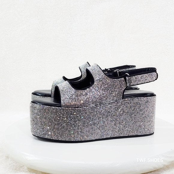 Oh Yeah Black 3" Platform Sparkling Iridescent Rhinestone Flatform Sandals - Totally Wicked Footwear