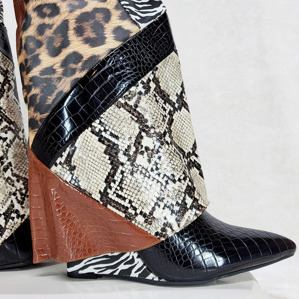 Forbidden Multi Animal Print Skirted Fold Over Wedge Heel Knee Boots - Totally Wicked Footwear