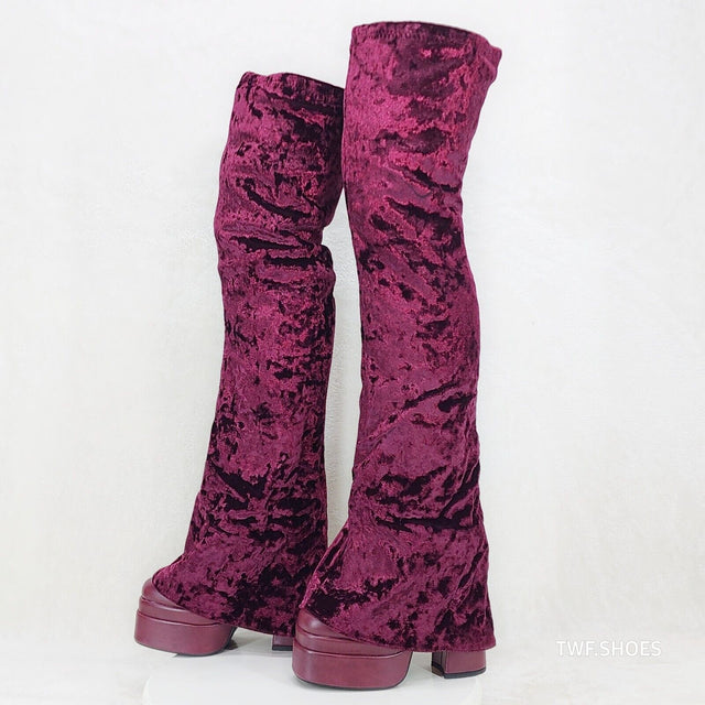 Unique Thigh High Wine Red Velvet Fold over Skirted Chunky Heel Platform Boots - Totally Wicked Footwear