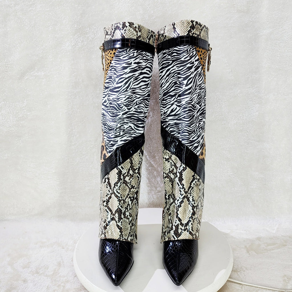 Forbidden Multi Animal Print Skirted Fold Over Wedge Heel Knee Boots - Totally Wicked Footwear