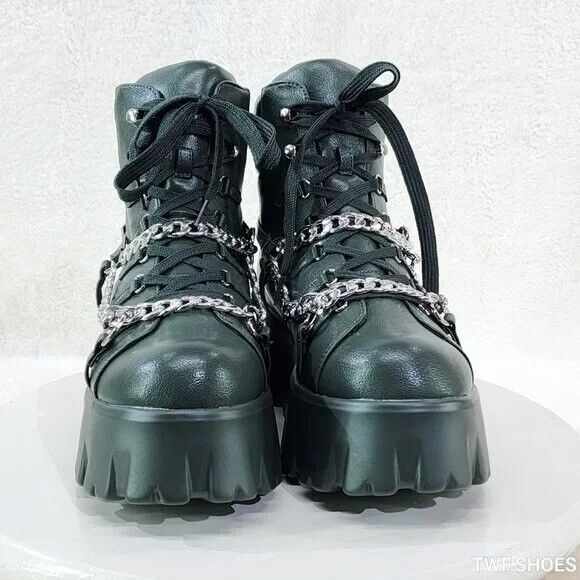 Emo Stomp 2" Platform Stomper Ankle Boots With Chain Design Faux Leather Green