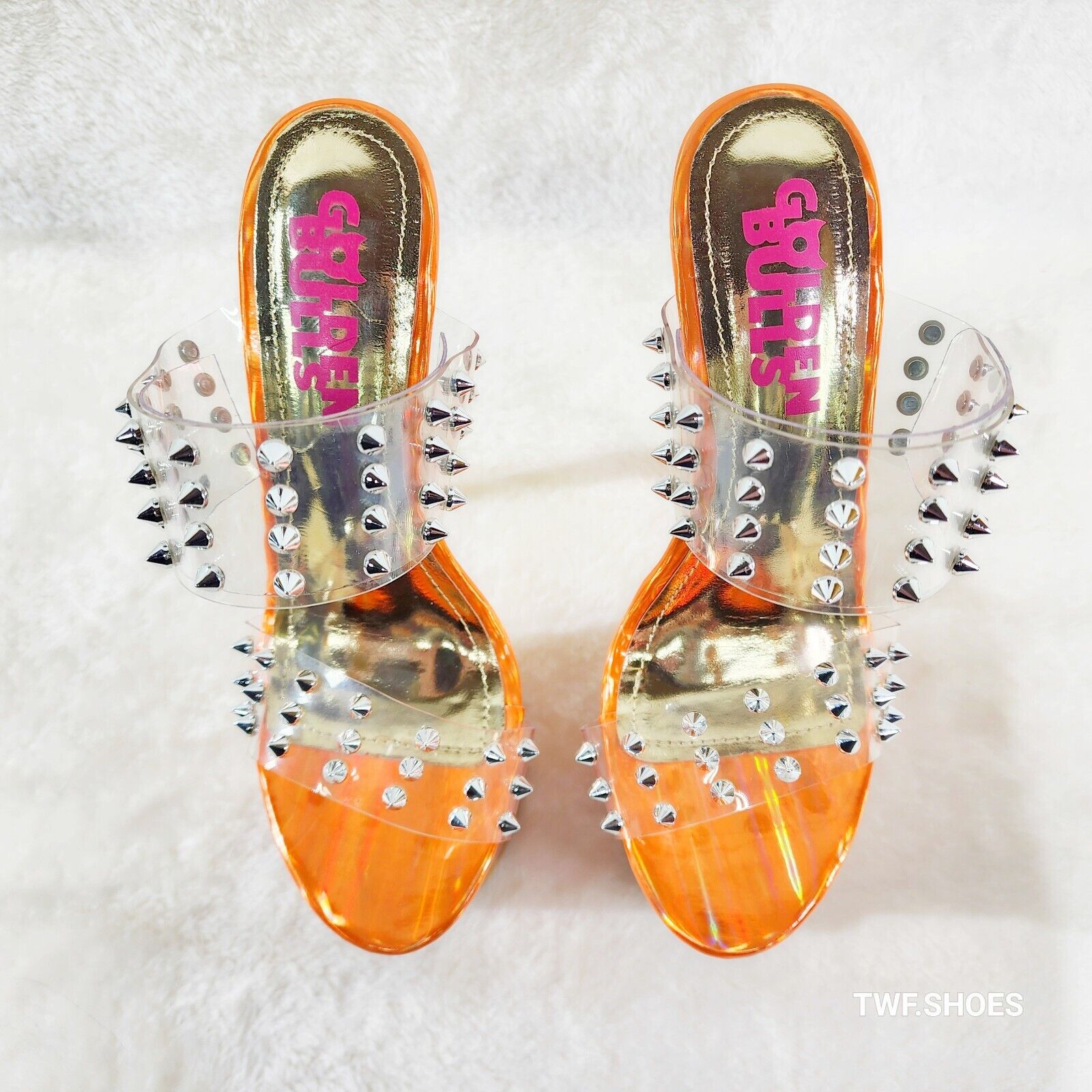 Bulls Sleek Slim 8" Towering Platform Heels Orange Double Clear Spiked Straps - Totally Wicked Footwear