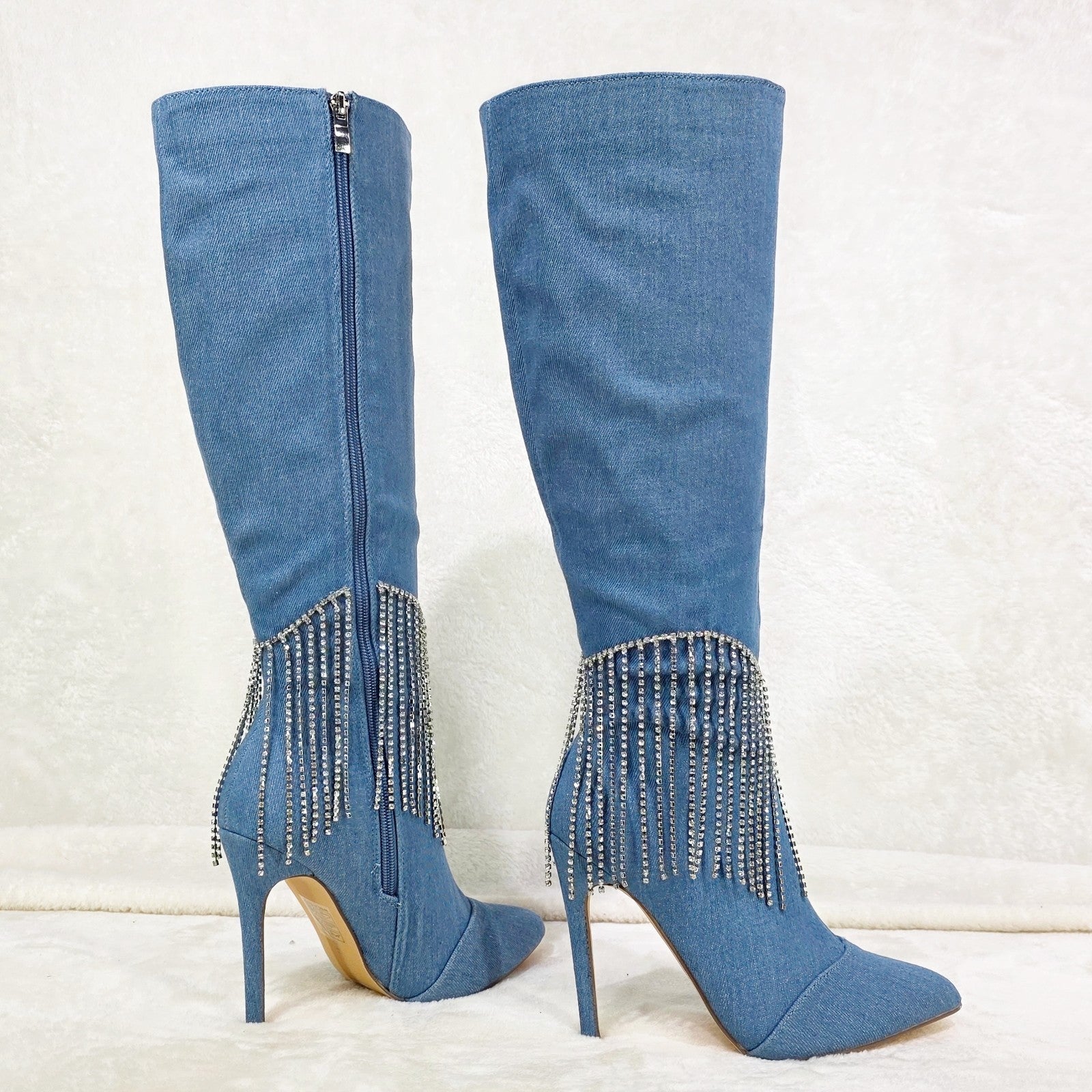 Sway Denim Knee High Boots Stiletto Heels Icicle Fringe