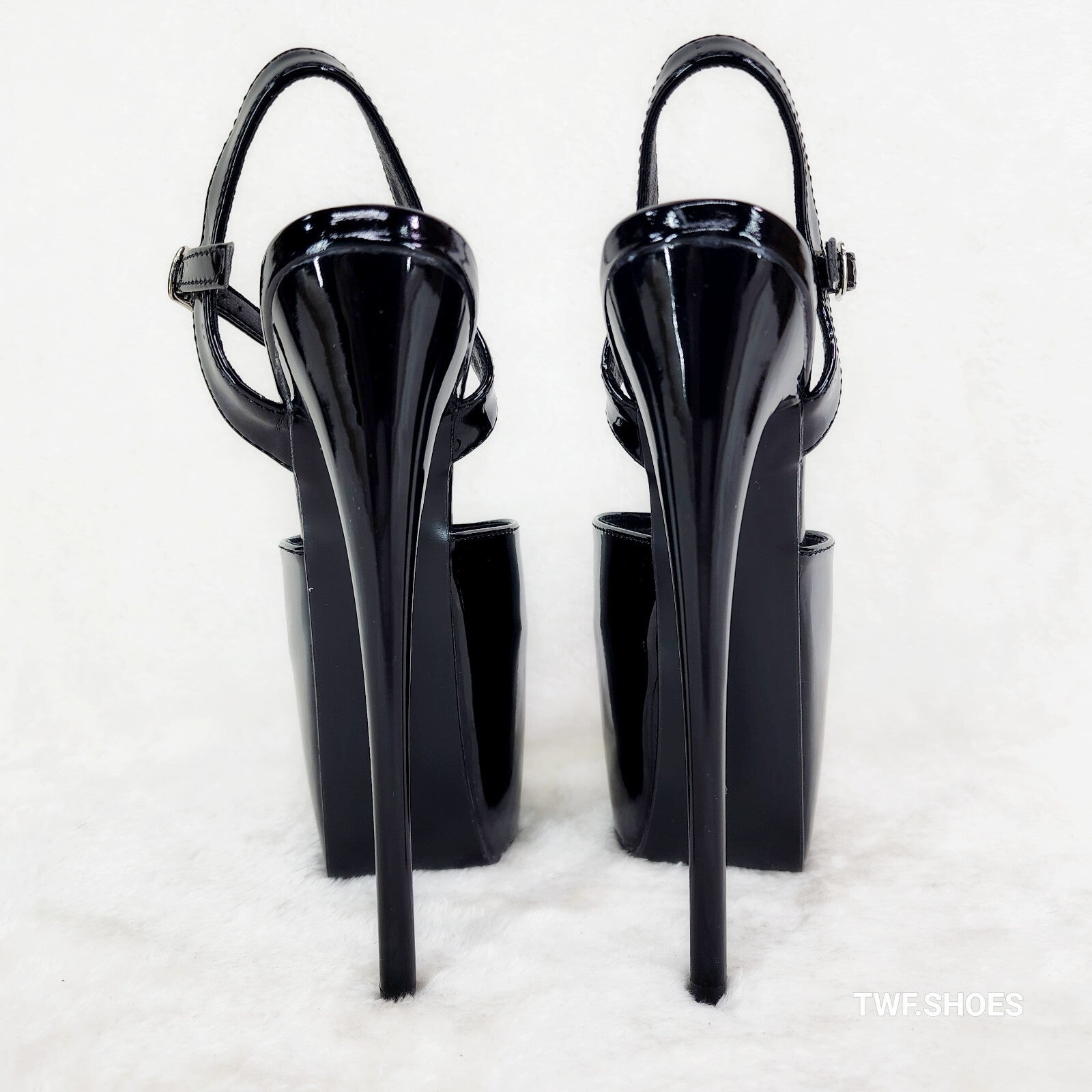 Juicy 9 Black Patent Slim 7" Stiletto Platform Ankle Strap High Heel Shoes