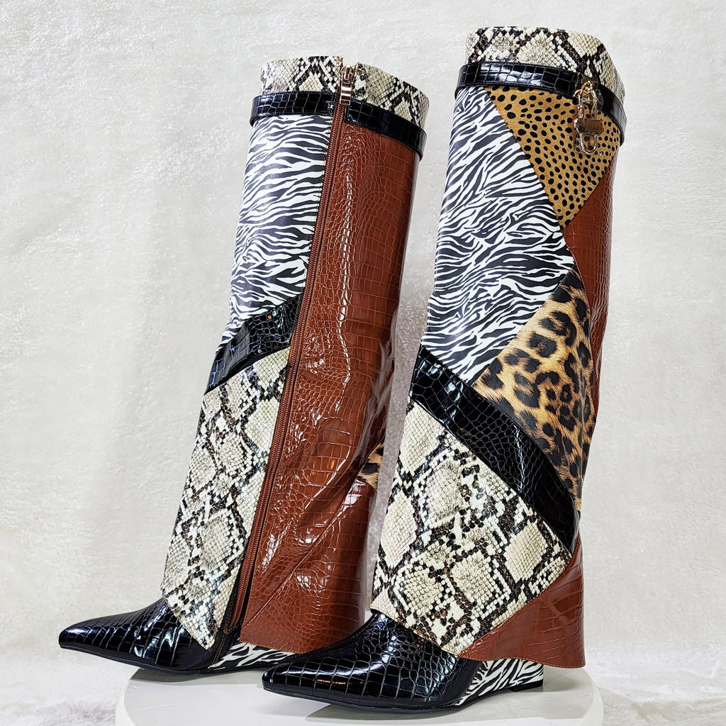 Forbidden Multi Animal Print Skirted Fold Over Wedge Heel Knee Boots - Totally Wicked Footwear