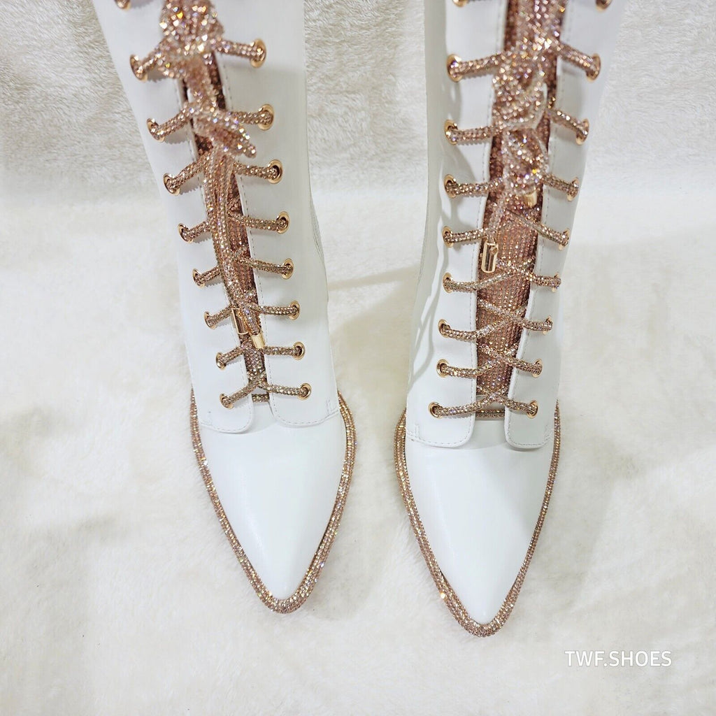 Delightful White Upper High Heel Ankle Boots Rose Gold Rhinestone Trim and Laces - Totally Wicked Footwear