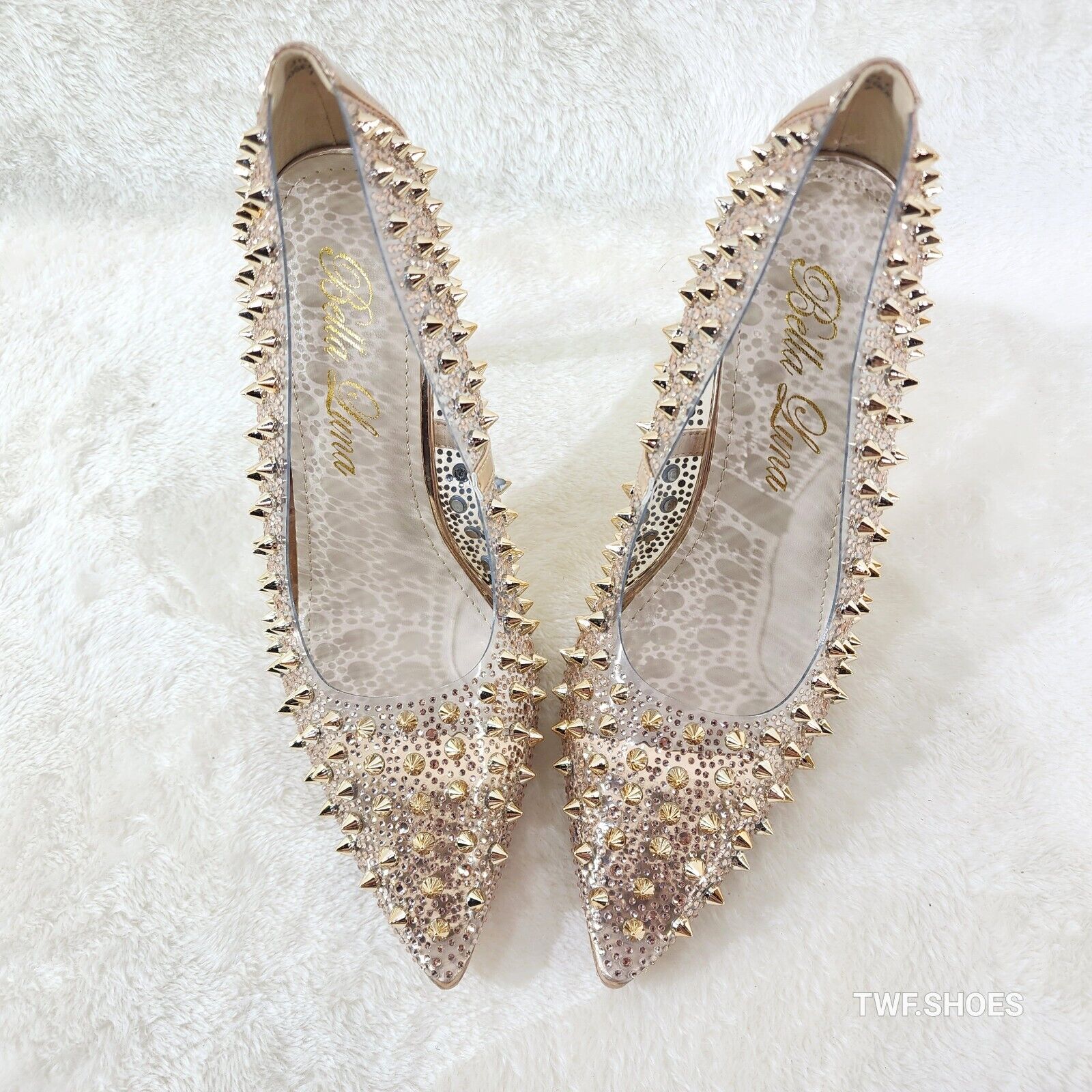 Spicy Stiletto PVC Clear Pumps Rose Gold Studs & Rhinestone Pumps Stiletto Heels - Totally Wicked Footwear