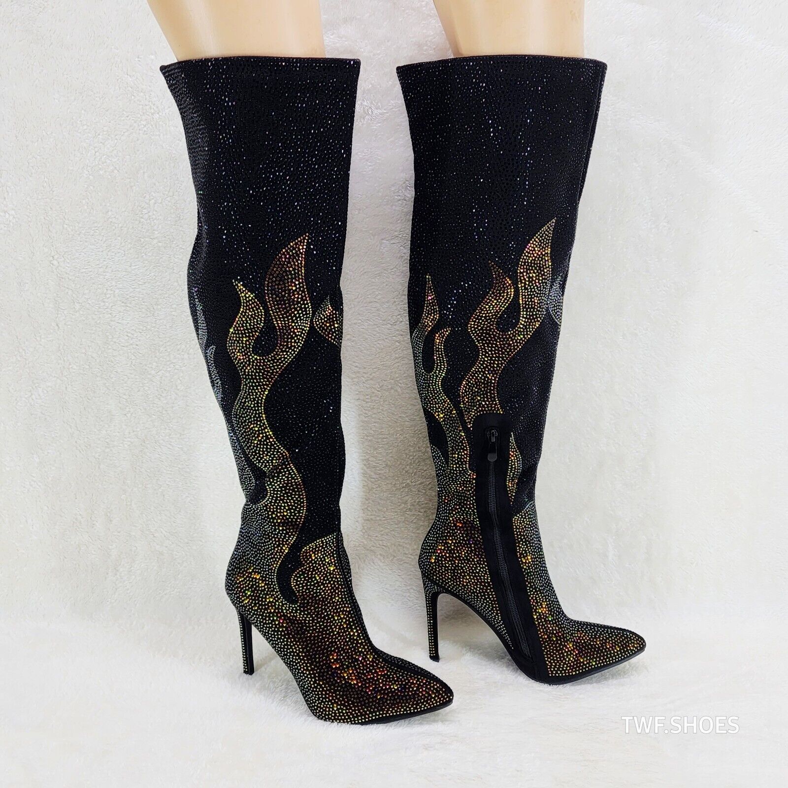 Fiery Desire Black & Gold Rhinestone Flame Detail Sexy OTK Thigh Boots - Totally Wicked Footwear