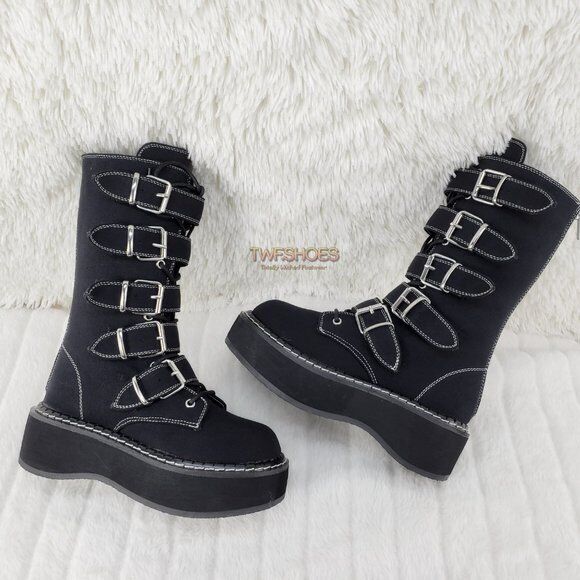 Emily 341 Black Canvas 2" Platform Mid Calf Combat Boots NY DEMONIA - Totally Wicked Footwear